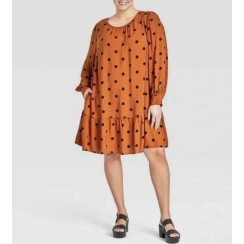 Ava & Viv Rustic Orange and black polka dot ruffle hem long sleeve dress Sz 2X